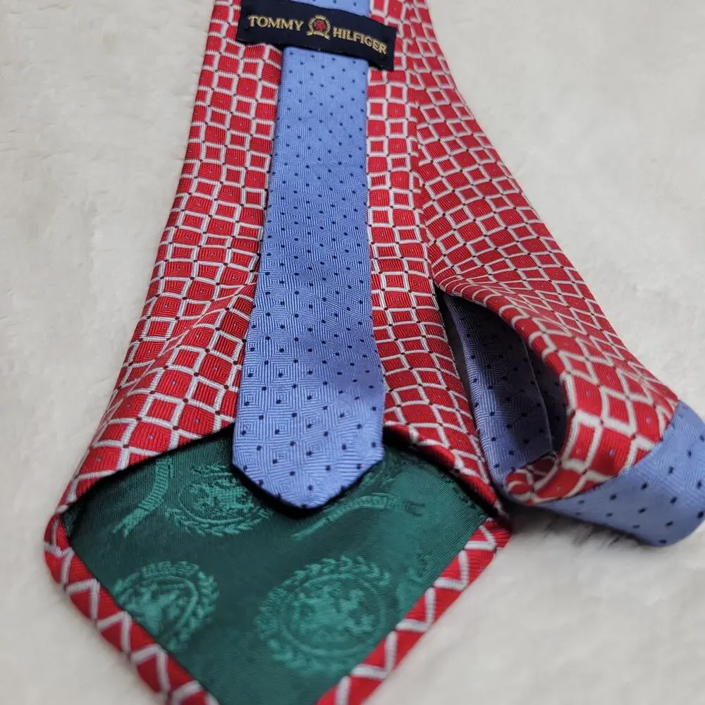 Vintage 90s Tommy Hilfiger 100% Silk Red Geometric Print Preppy Classic Neck Tie